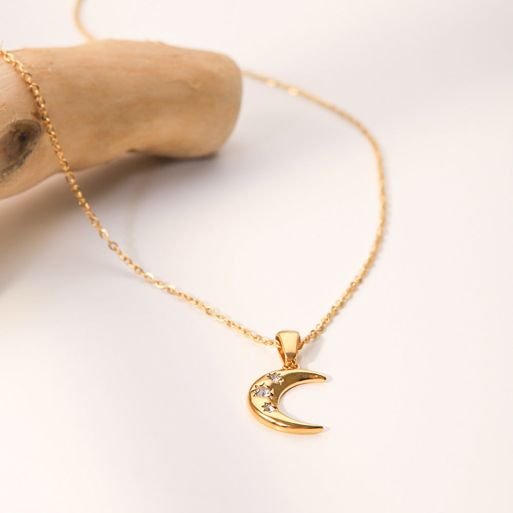 Vintage Necklace Ladies Zircon Moon Pendant