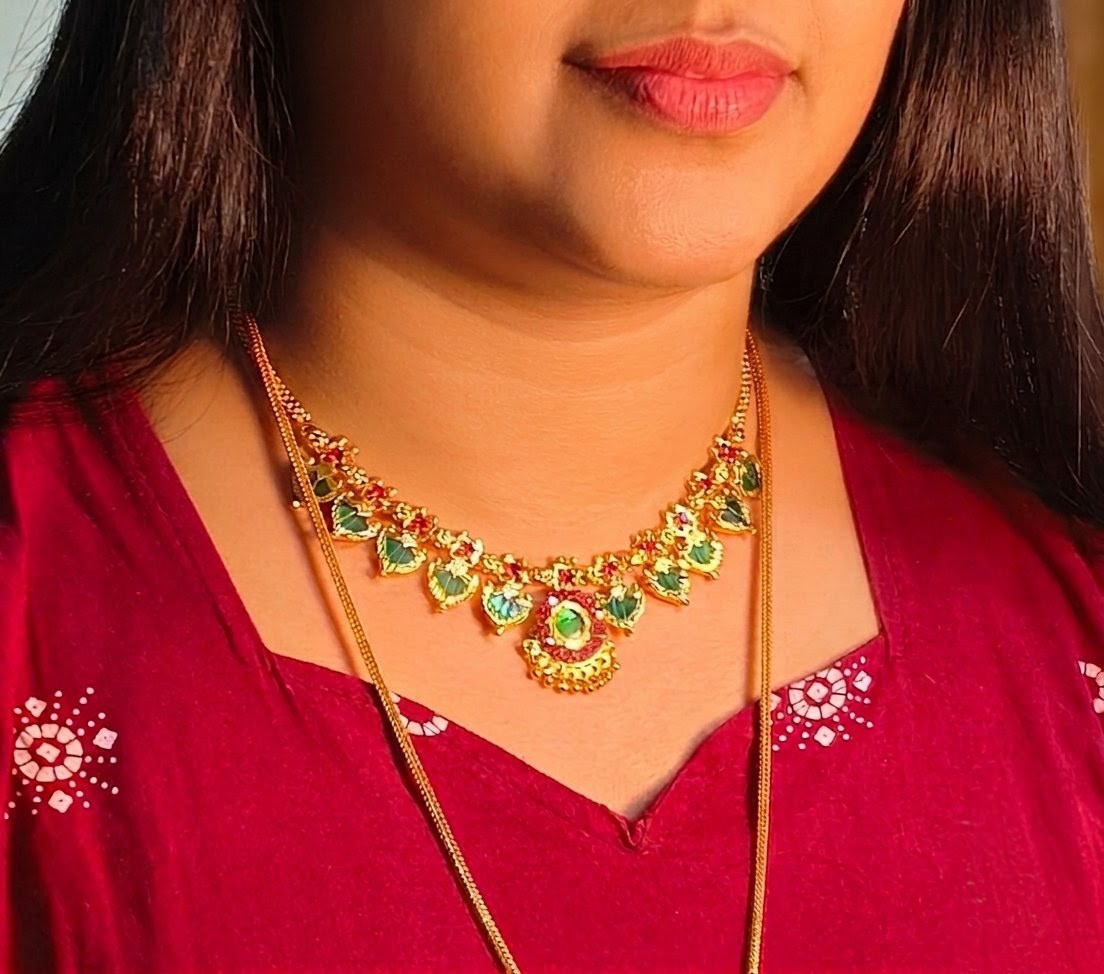 Traditional Gold Plated Green Paalakka Necklace with Ruby Stones | Indian Bridal Jewelry UAE