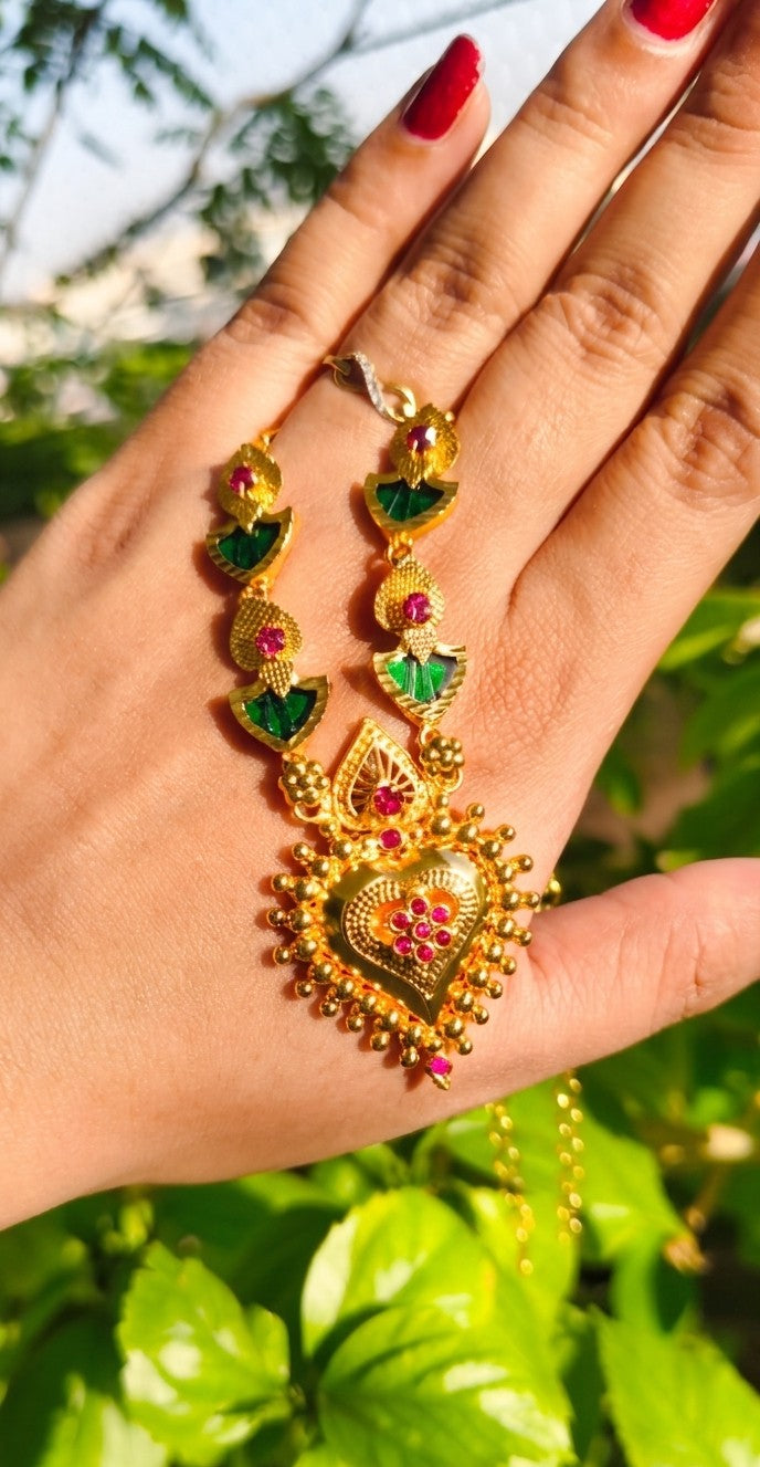 Traditional Gold Plated Paalakka Necklace with Ruby & Green Stones | Elegant Indian Bridal Jewelry UAE