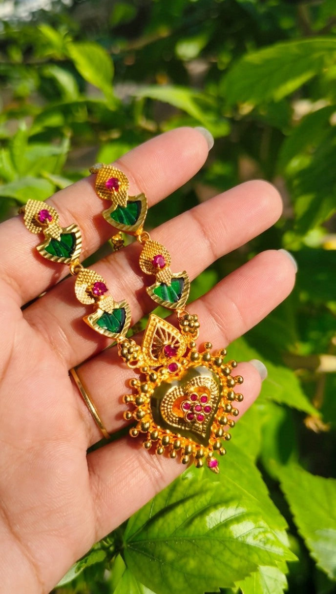 Traditional Gold Plated Paalakka Necklace with Ruby & Green Stones | Elegant Indian Bridal Jewelry UAE
