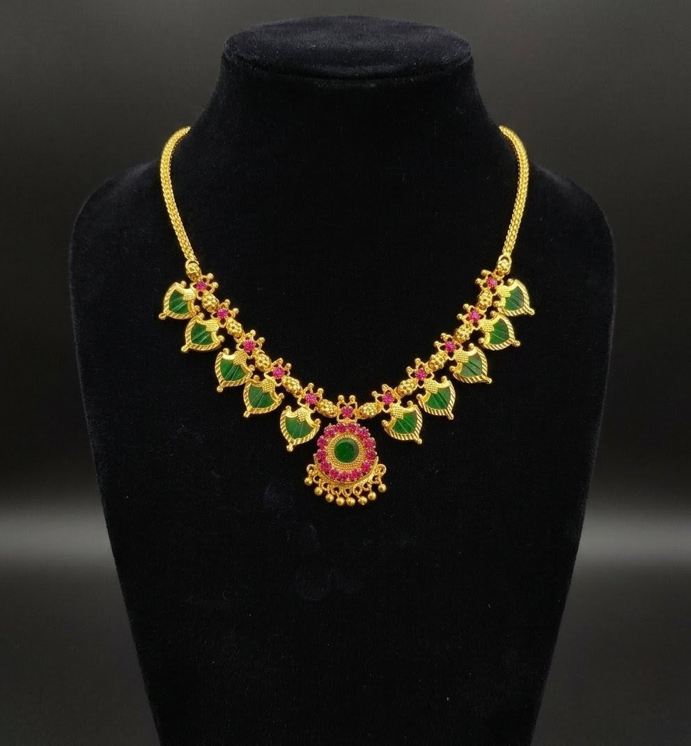 Traditional Gold Plated Green Paalakka Necklace with Ruby Stones | Indian Bridal Jewelry UAE