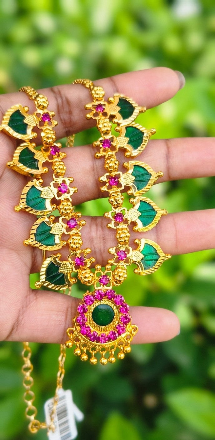 Traditional Gold Plated Green Paalakka Necklace with Ruby Stones | Indian Bridal Jewelry UAE