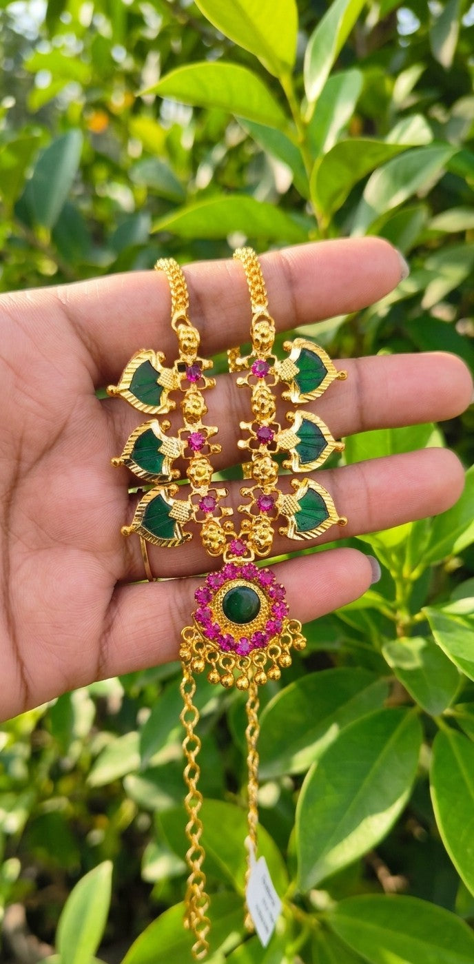 Traditional Gold Plated Green Paalakka Necklace with Ruby Stones | Indian Bridal Jewelry UAE