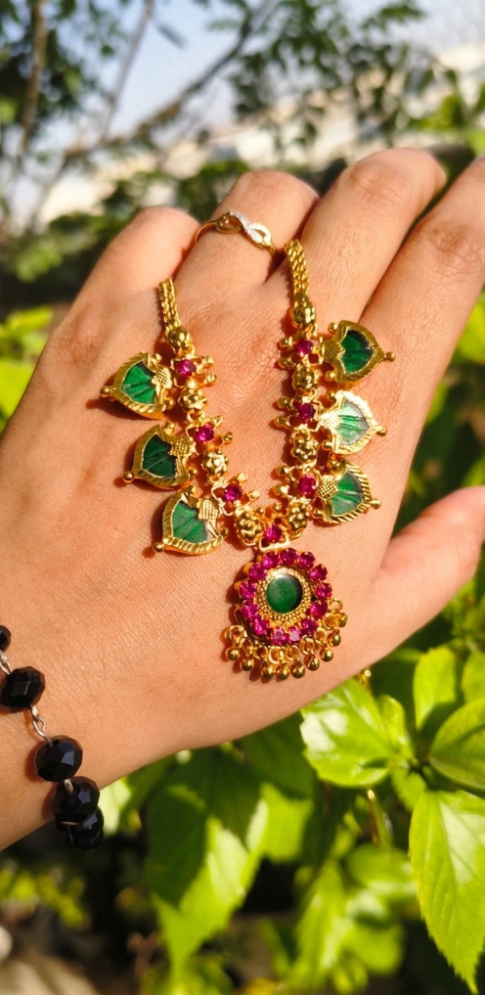 Traditional Gold Plated Green Paalakka Necklace with Ruby Stones | Indian Bridal Jewelry UAE