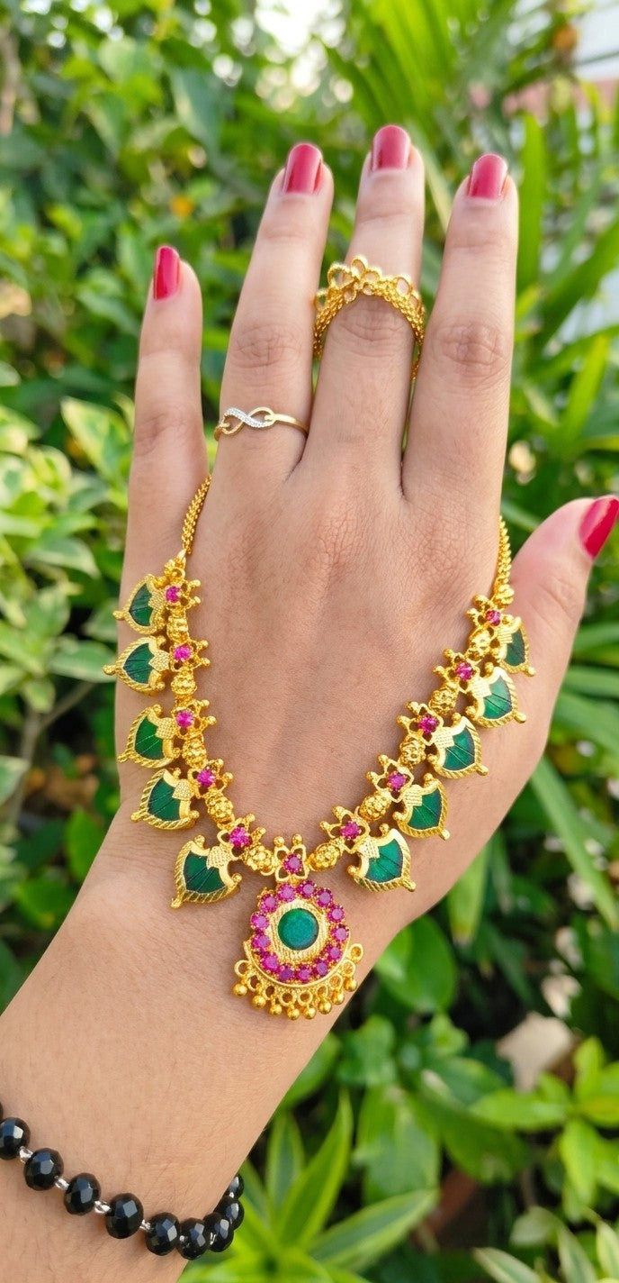 Traditional Gold Plated Green Paalakka Necklace with Ruby Stones | Indian Bridal Jewelry UAE