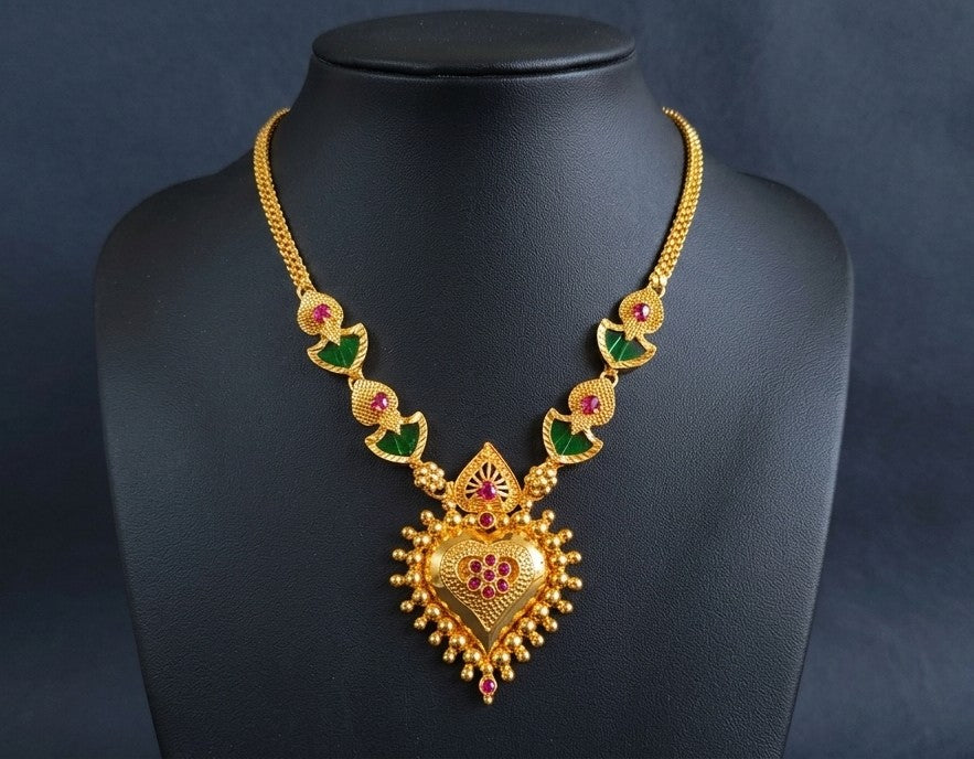 Traditional Gold Plated Paalakka Necklace with Ruby & Green Stones | Elegant Indian Bridal Jewelry UAE