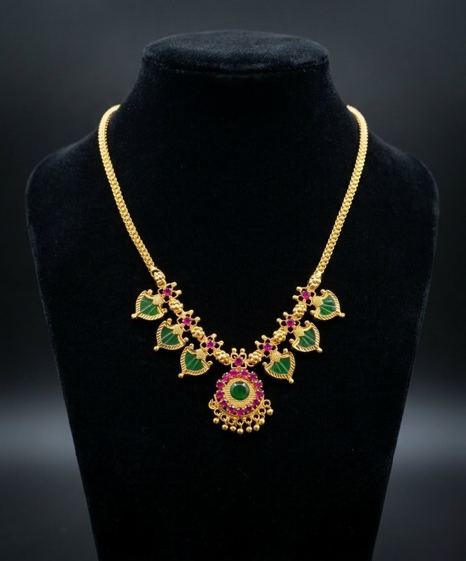 Traditional Gold Plated Green Paalakka Necklace with Ruby Stones | Indian Bridal Jewelry UAE