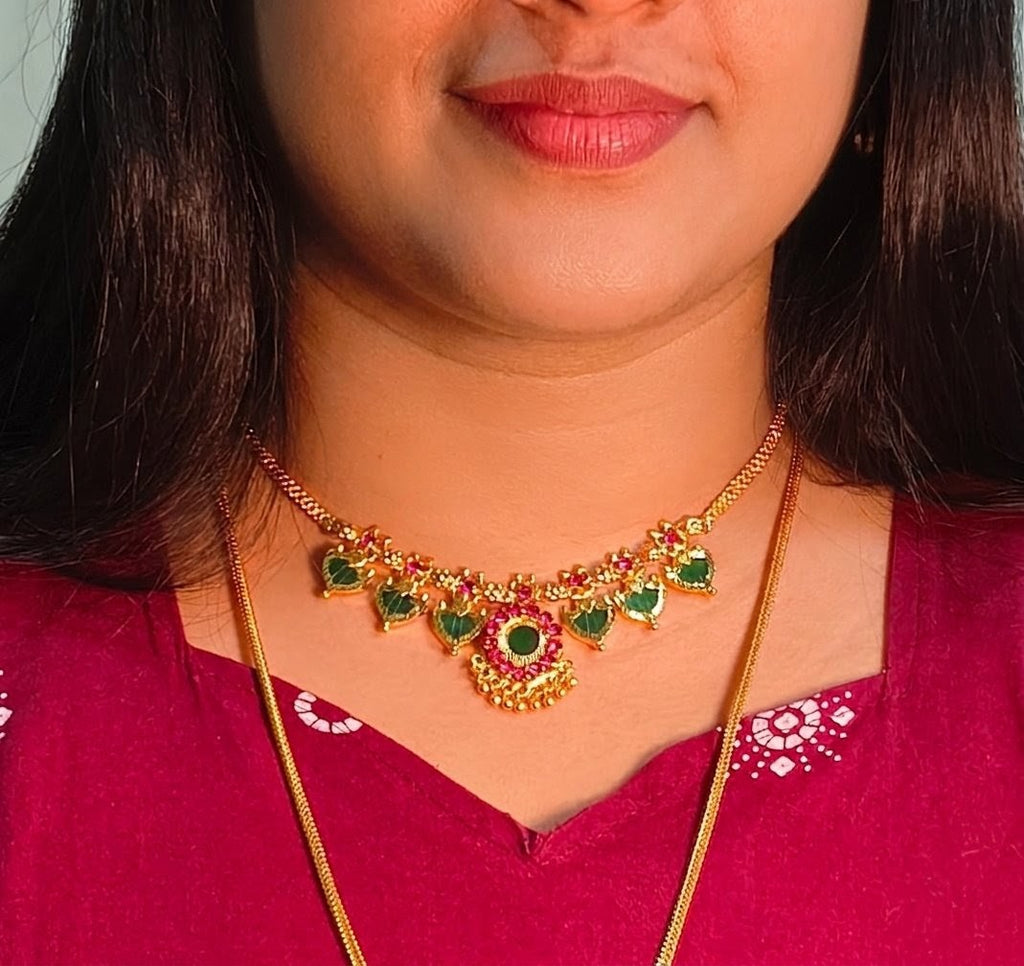 Traditional Gold Plated Green Paalakka Necklace with Ruby Stones | Indian Bridal Jewelry UAE