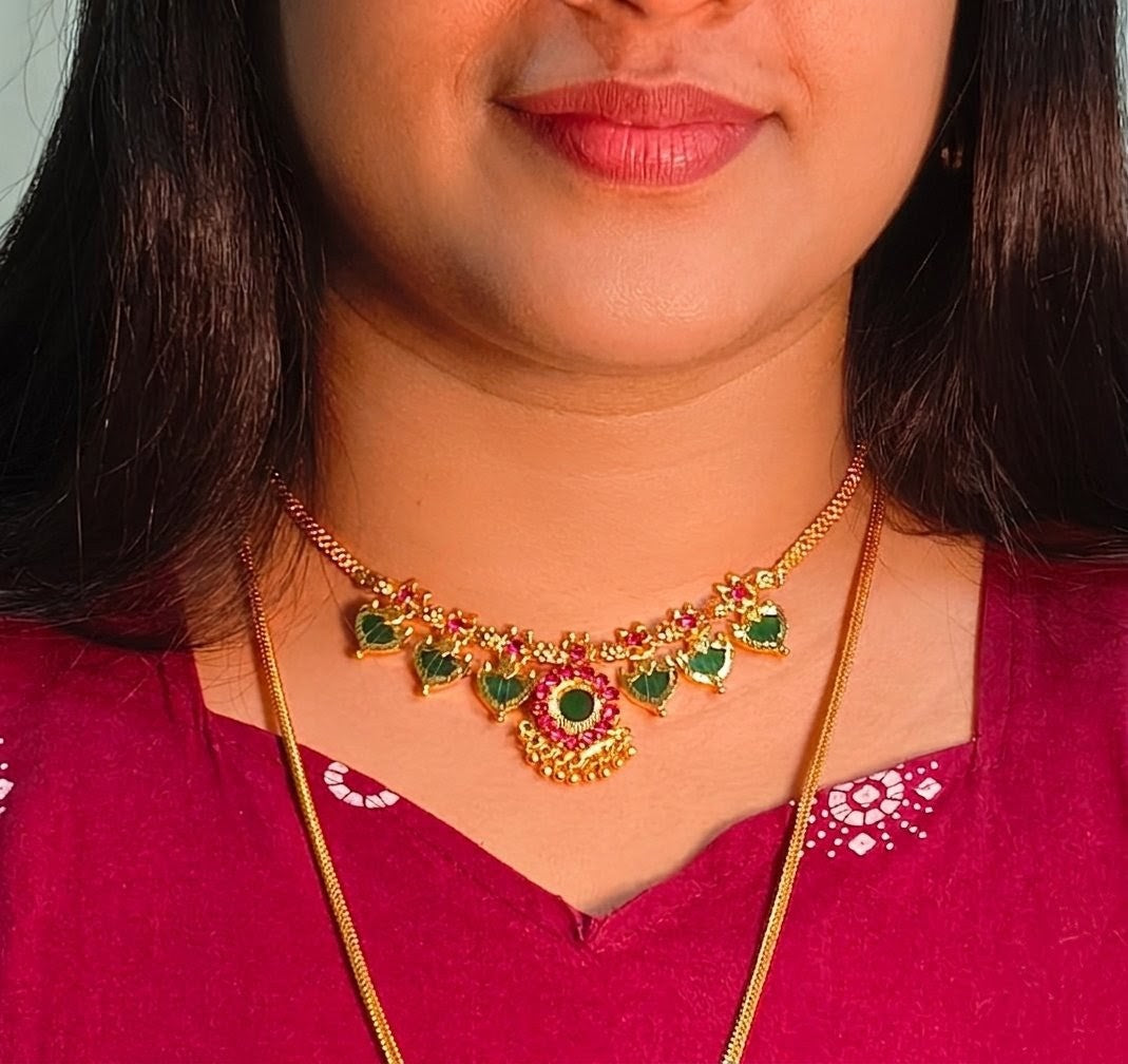 Traditional Gold Plated Green Paalakka Necklace with Ruby Stones | Indian Bridal Jewelry UAE